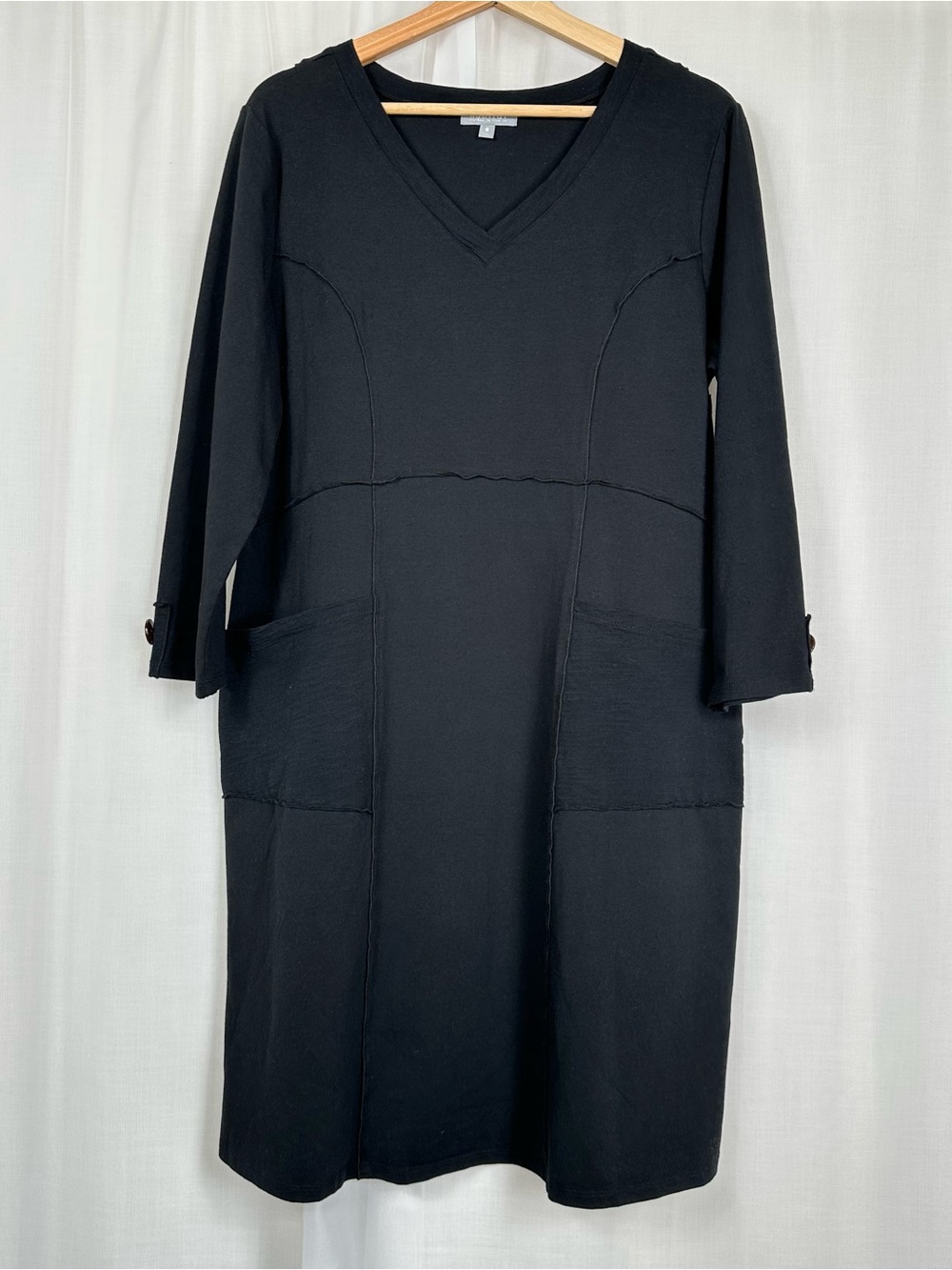 Habitat Clothes To Live In Black Cotton V-Neck Seamed Pocket Knee Dress Size M